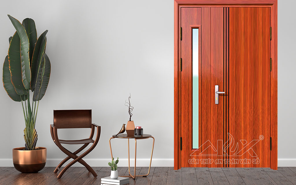Cửa Thép Vân Gỗ 2 Cánh Lệch A21-TK