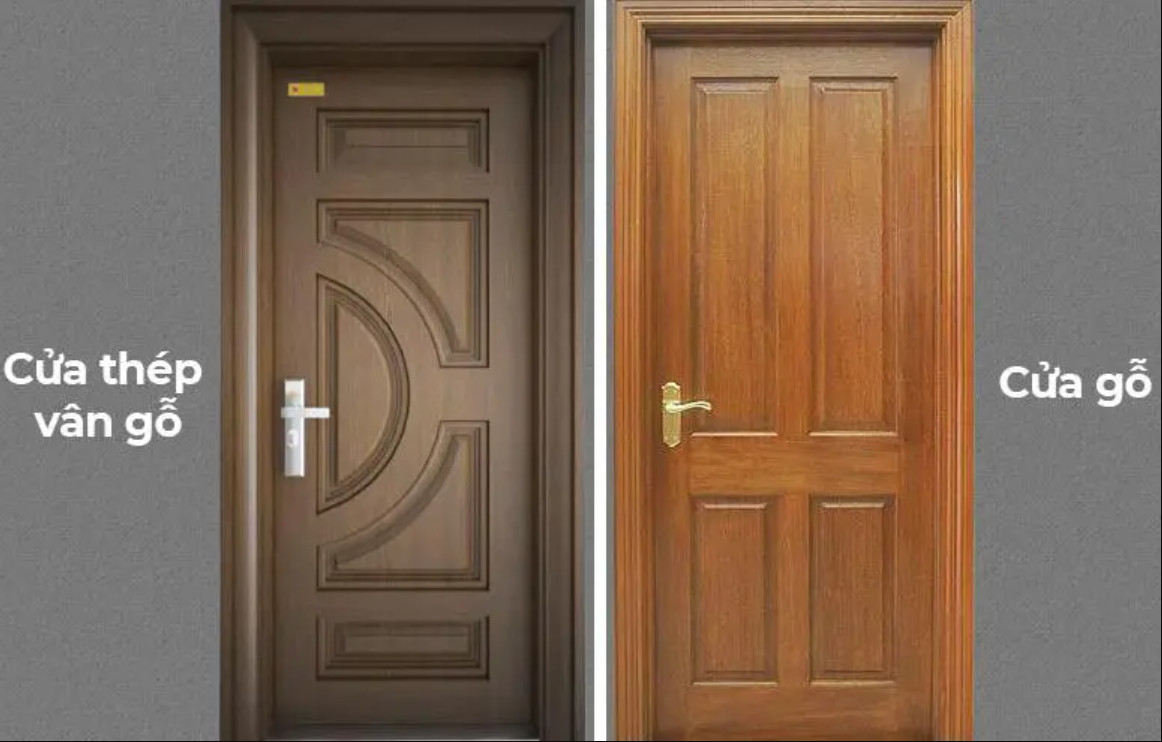 Cửa thép vân gỗ có vẻ ngoài hiện đại, sang trọng. Cửa gỗ lại mang vẻ đẹp truyền thống, gần gũi.
